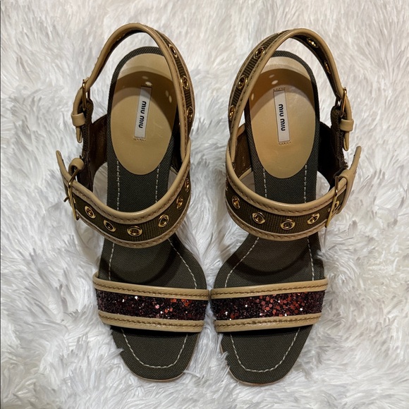 Miu Miu Beige and Dark Brown Glitter Ankle-Strap Sandals